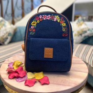 Denim Floral Mini Backpack For Women #MBP-Blue