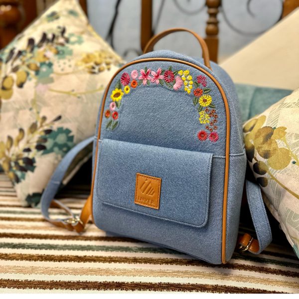 Denim Floral Mini Backpack For Women #MBP-Indigo