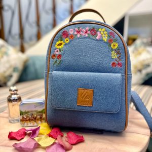 Denim Floral Mini Backpack For Women #MBP-Indigo